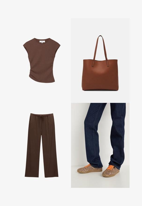 Rjava rebrasta kratka majica s nekoliko ukrivljenim robom. Mehka tekstura in sproščen fit, z okroglo izreznico in minimalnimi šivi.; Rjave široke hlače iz mehkega materiala, z elastičnim pasom in vrvico za zategovanje ter dvema stranskima žepoma.; Tenis z leopardskim vzorcem z oranžnimi vezalkami, zgornji del iz teksturirane tkanine in svetlo rjava gumijasta podplata, kombinirani s temno modrimi kavbojkami.; Rjava usnjena torba z gladko teksturo, odprto zasnovo zgoraj in dvema naramnima trakovoma. Opremljena je z minimalnim šivanjem in brez vidnih kovinskih delov.