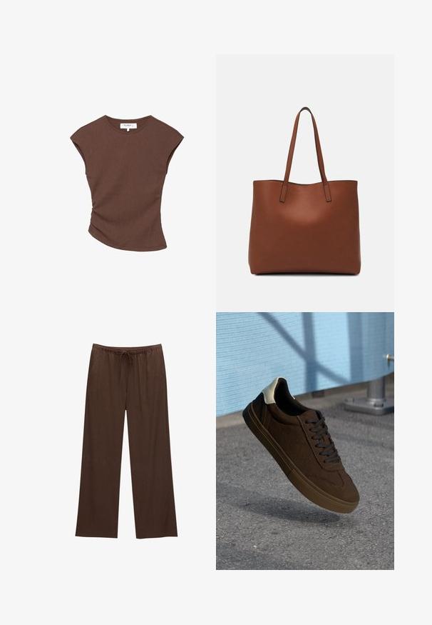 Brązowa krótką rękawą bluzka z prążkowanej tkaniny, z lekko zakrzywionym dołem. Miękka tekstura i luźny krój, z okrągłym dekoltem i minimalną ilością szwów.; Brązowe spodnie szerokie wykonane z miękkiego materiału, z elastycznym paskiem w talii i sznurkiem, oraz dwiema bocznymi kieszeniami.; Brązowe zamszowe niskie trampki z czarnymi sznurówkami, z białą osłoną pięty i teksturowanym wykończeniem. Gumowa podeszwa.; Brązowa skórzana torba tote o gładkiej fakturze, z otwartym wierzchem i dwoma ramiączkami. Charakteryzuje się minimalnym przeszyciem i brakiem widocznych elementów metalowych.