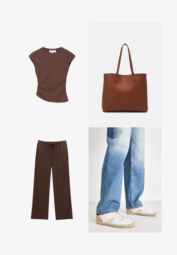 Barna bordázott, rövid ujjú felső enyhén ívelt szegéllyel. Puha tapintású és laza fazonú, kerek nyakkivágással és minimális varrásokkal.; Barna, bőszárú nadrág, puha anyagból készülve, rugalmas derékkal és húzózárral, valamint két oldalsó zsebbel.; Fehér sportcipők bézs részletekkel és texturált kidolgozással, világoskék, enyhén kopott farmernadrággal, laza szabásban párosítva.; Barna bőr vászontáska sima textúrával, nyitott tetejű dizájnnal és két vállpánttal. Minimális varrással és látható hardver nélkül készült.
