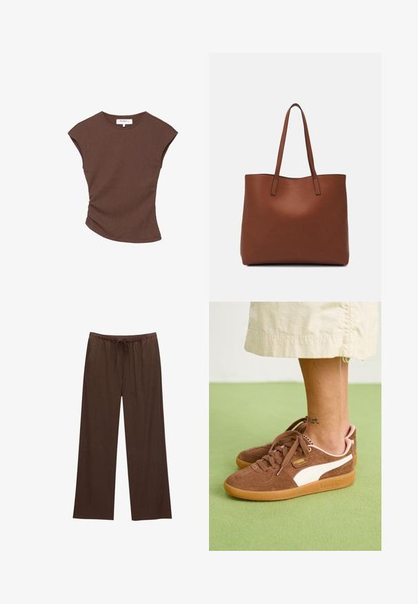 Ruskea ribbipintainen lyhythihainen paita, jossa on hieman kaareva helma. Pehmeä rakenne ja rento istuvuus, jossa on pyöreä pääntie ja vähäiset saumat.; Ruske leve široke hlače izdelane iz mehkega materiala, z elastičnim pasom in vrvico ter dvema stranskima žepoma.; Ruske nubuk kengät valkoisilla yksityiskohdilla, kumipohjalla ja vaaleanpunaisella kantapäällä. Nauhat ja brändityyli näkyvät. Nilkatatuointi osittain näkyvissä.; Ruskea nahkainen olkalaukku, jossa on sileä pinta, avoin yläosa ja kaksi olkahihnaa. Omaavat vain minimaalisen ompelun eikä näkyvää metalliosaa.