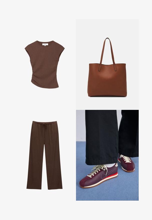 Hnědý žebrovaný top s krátkým rukávem a mírně zakřiveným spodním okrajem. Měkká textura a volný střih, který zahrnuje kulatý výstřih a minimální švy.; Hnědé široké kalhoty vyrobené z měkkého materiálu, s elastickým pasem na šňůrku a dvěma bočními kapsami.; Bordové a krémové sportovní boty s kombinací semiše a hladkého materiálu, se kontrastním červeným akcentem, bílými šňůrkami a texturovanou podrážkou.; Hnědá kožená taška přes rameno s hladkou texturou, otevřeným designem a dvěma ramenními popruhy. Obsahuje minimální švy a žádné viditelné kovové prvky.