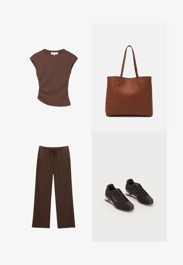 Brown ribbed short-sleeve top with a slightly curved hemline. Soft texture and relaxed fit, featuring a round neckline and minimal seams.; Brown wide-leg pants made from soft fabric, featuring an elastic waistband with a drawstring and two side pockets.; Black athletic shoes with a textured upper, brown accents, and a purple air-cushioned sole. Laced design with prominent branding.; Brown leather tote bag with a smooth texture, open top design, and two shoulder straps. Features minimal stitching and no visible hardware.