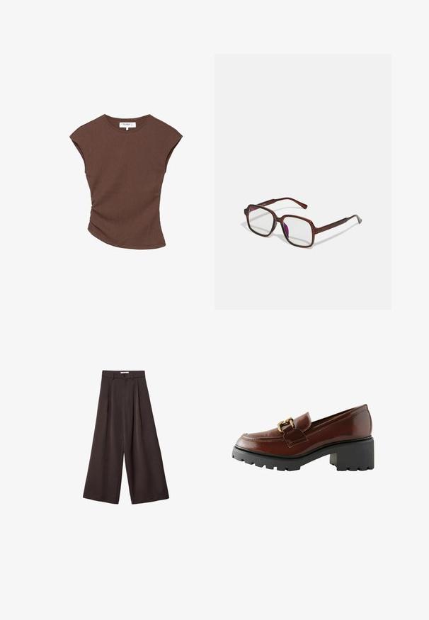 Smeđi rebrasti top kratkih rukava s lagano zakrivljenim rubom. Mekana tekstura i opušteni kroj, s okruglim izrezom i minimalnim šavovima.; Crne široke hlače s visokim strukom, s prednjim plisiranjima i kopčanjem na dugme u struku, izrađene od glatkog materijala.; Smeđi kožni mokasinka s okruglim vrhom, ukrasnom zlatnom opremom i debelim crnim platformskim potplatom s teksturiranim finišom.; Smeđe, pravokutne naočale s prozirnim lećama i ljubičastim nijansama. Glatki plastični okvir sa ravnim skrambljima i suptilnim akcentsima.; Smeđa kožna torba preko ramena s glatkom teksturom, otvorenim vrhom i dvjema naramenicama. Ima minimalne šavove i nema vidljivog hardvera.