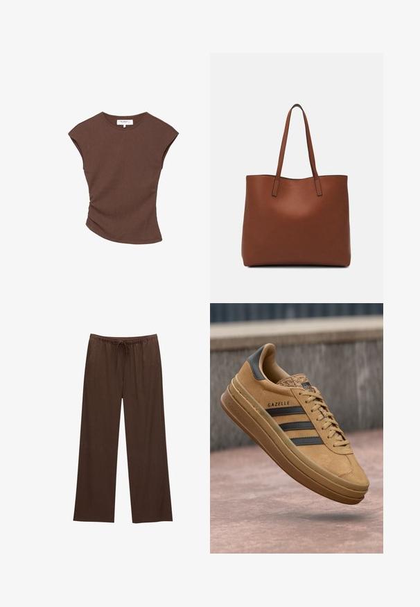 Hnedý rebrovaný top s krátkym rukávom a mierne zakriveným lemom. Mäkkučký materiál a voľný strih, s okrúhlym výstrihom a minimálnymi švami.; Hnedé nohavice s širokými nohavicami vyrobené z mäkkej tkaniny, so sťahovacím pásom a dvomi bočnými vreckami.; Svetlé semišové tenisky s hladkým povrchom, obsahujúce tri tmavé pruhy, zaoblenú špičku a hrubšiu podrážku so vzorovaným okrajom.; Hnedá kožená taška na rameno s hladkou textúrou, otvoreným vrchom a dvoma ramenými popruhmi. Má minimálne šitia a žiadne viditeľné kovania.