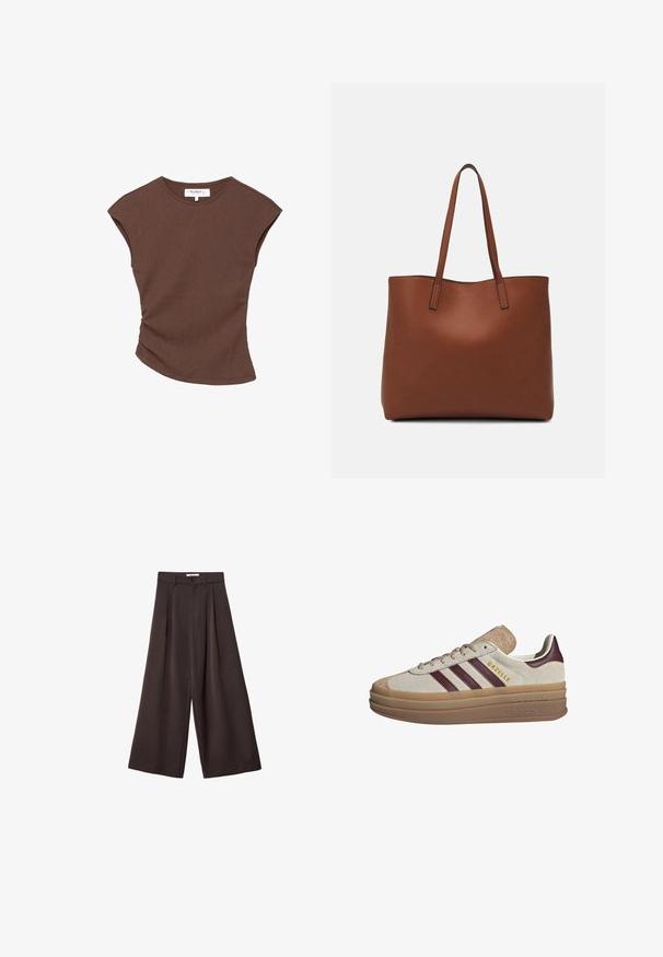 Top corto a maniche corte marrone a coste con orlo leggermente curvato. Texture morbida e vestibilità rilassata, presenta un collo rotondo e cuciture minime.; Pantaloni neri a gamba larga con vita alta, caratterizzati da pieghe frontali e chiusura con bottone in vita, realizzati in tessuto liscio.; Sneakers in suede beige con strisce bordeaux, dettagli bianchi, una suola traslucida spessa e un logo in rilievo sul lato. Design con lacci.; Borsa tote in pelle marrone con texture liscia, design con apertura superiore e due spallacci. Presenta cuciture minime e nessun hardware visibile.