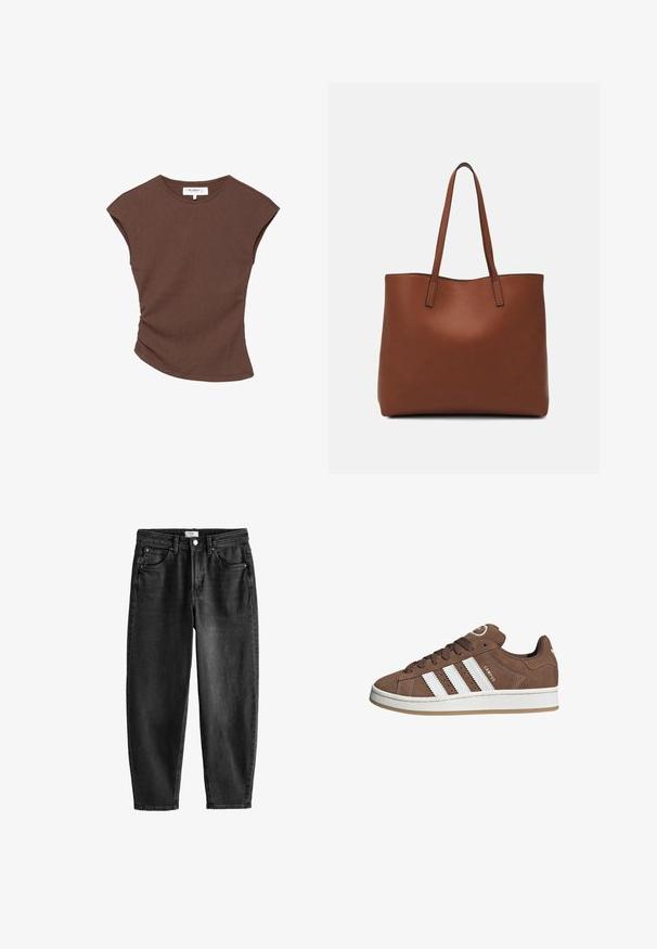 Brązowa krótką rękawą bluzka z prążkowanej tkaniny, z lekko zakrzywionym dołem. Miękka tekstura i luźny krój, z okrągłym dekoltem i minimalną ilością szwów.; Czarne dżinsy w prostym kroju, z pięcioma kieszeniami i zapięciem na guzik. Charakteryzują się delikatnym wyblaknięciem i detalami w szyciu. Casualowy design.; Brązowe zamszowe sneakersy z białymi skórzanymi paskami, gumową podeszwą, zaokrąglonym noskiem i sznurowanym przodem. Posiadają logo na języku i perforowane akcenty.; Brązowa skórzana torba tote o gładkiej fakturze, z otwartym wierzchem i dwoma ramiączkami. Charakteryzuje się minimalnym przeszyciem i brakiem widocznych elementów metalowych.