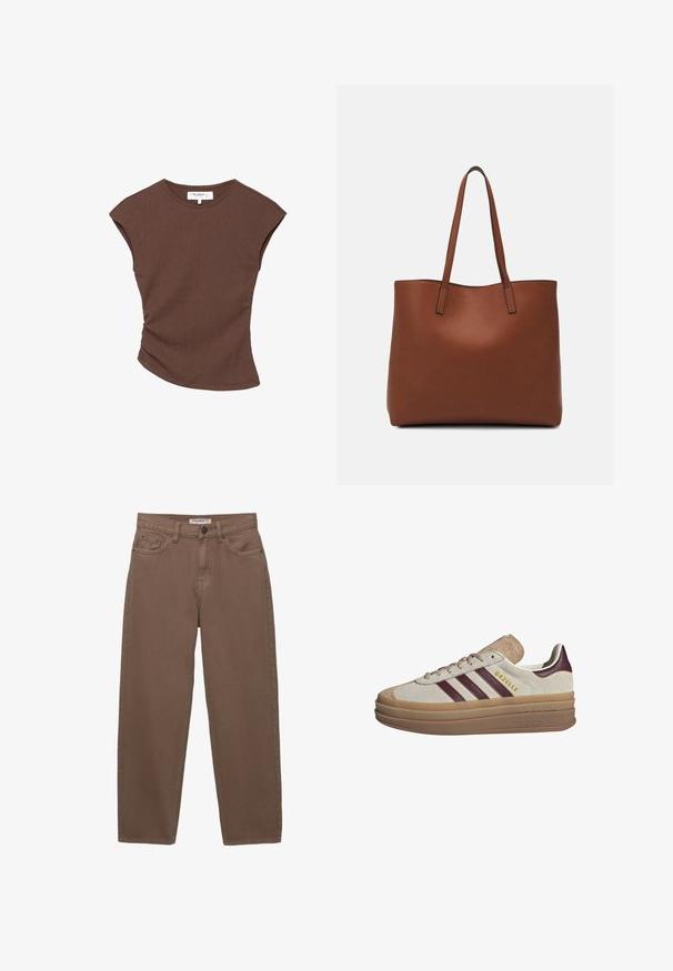 Top scurt cu maneci, de culoare maro, cu o linie a tivului ușor curbată. Textură moale și croi lejer, având un decolteu rotund și cusături minimale.; Pantaloni din denim bumbac maro, cu croială lejeră, cinci buzunare și fermoar. Prezintă o textură subtilă și detalii de cusătură clasice.; Tenisi din suede bej cu dungi maronii, accente albe, o talpă translicidă groasă și branding ridicat pe lateral. Design cu șireturi.; Geantă de umăr din piele maro cu o textură netedă, design cu vârf deschis și două curele pentru umăr. Prezintă cusături minime și fără componente metalice vizibile.