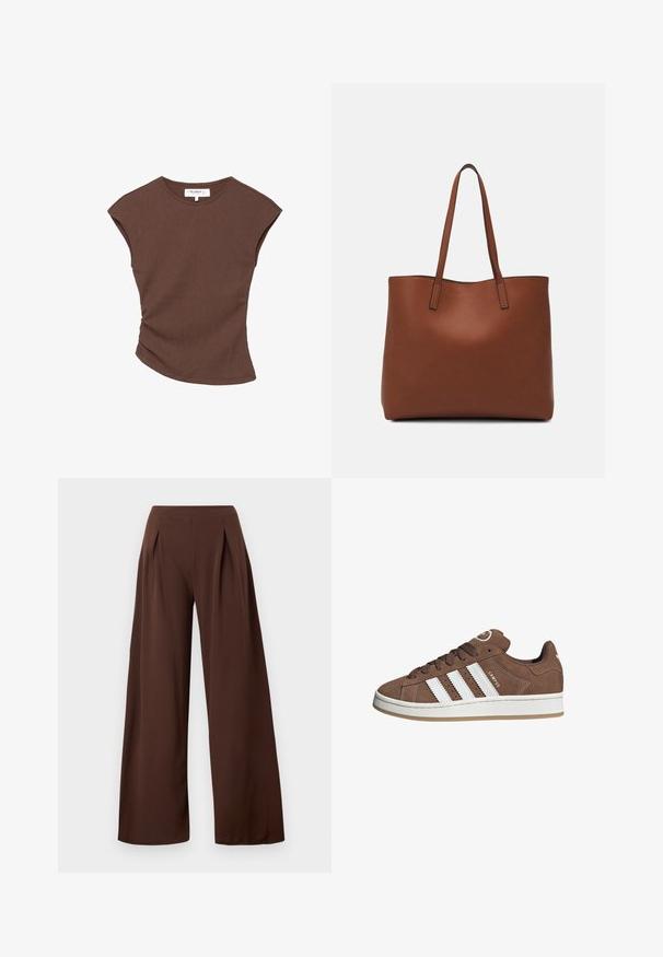 Bruine geribbelde t-shirt met korte mouwen en een licht gebogen zoom. Zachte textuur en een relaxte pasvorm, met een ronde halslijn en minimale naden.; Wijde broek in donkerbruin stof, met een hoge taille, plooien aan de voorkant en een soepele textuur. Geschikt voor verschillende gelegenheden.; Bruine suède sneaker met witte leren strepen, rubberen zool, ronde neus en vetersluiting. Kenmerkt zich door een logo op de tong en geperforeerde accenten.; Bruine leren tote bag met een gladde textuur, een ontwerp met een open bovenkant en twee schouderbanden. Kenmerkt zich door minimale stiksels en geen zichtbare hardware.
