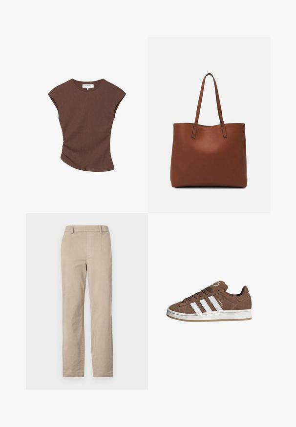 Brun ribbad kortärmad topp med en lätt rundad nederkant. Mjuk textur och avslappnad passform, med rund halsringning och minimala sömmar.; Beige bomullsbyxor med rak bendesign, med bälteshällor och utan synliga dekorationer eller mönster.; Bruna mockaskor med vita läderremsor, gummisula, rund tå och snörning framtill. Har en logotyp på tungan och perforerade detaljer.; Brun läder tote-väska med en slät textur, öppen toppdesign och två axelremmar. Har minimal söm och ingen synlig metalldetalj.