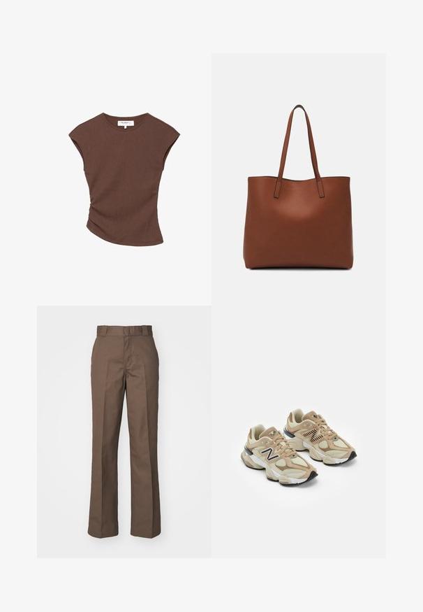 Barna bordázott, rövid ujjú felső enyhén ívelt szegéllyel. Puha tapintású és laza fazonú, kerek nyakkivágással és minimális varrásokkal.; Barna pamut nadrág egyenes szárú dizájnnal, lapos elülső résszel és övhurkokkal. Sima textúra, látható minták vagy díszítések nélkül.; Beige sportcipők hálós és bőrszövet anyagból. Fekete logóval és texturált részletekkel rendelkezik. Vastag fehér középtalpa és fekete gumi talpa van.; Barna bőr vászontáska sima textúrával, nyitott tetejű dizájnnal és két vállpánttal. Minimális varrással és látható hardver nélkül készült.