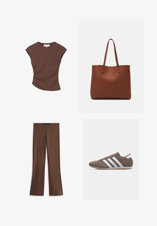 Hnedý rebrovaný top s krátkym rukávom a mierne zakriveným lemom. Mäkkučký materiál a voľný strih, s okrúhlym výstrihom a minimálnymi švami.; Hnedé elastické nohavice s rozšírením, hladkej textúry a elastickým pásom. Žiadne viditeľné vzory ani kovové doplnky. Jednoduchý, celodlhý dizajn.; Hnedé semišové športové topánky s bielymi pruhmi, okrúhly špičkový dizajn, šnurovacie zapínanie a gumená podrážka. Texturovaný zvršok s detailmi šitia.; Hnedá kožená taška na rameno s hladkou textúrou, otvoreným vrchom a dvoma ramenými popruhmi. Má minimálne šitia a žiadne viditeľné kovania.