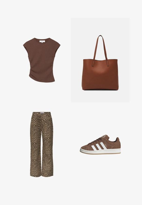 Bruine geribbelde t-shirt met korte mouwen en een licht gebogen zoom. Zachte textuur en een relaxte pasvorm, met een ronde halslijn en minimale naden.; Leopardenprint wijde broek in een beige en zwarte kleurstelling, met een klassieke tailleband en een casual, losse pasvorm.; Bruine suède sneaker met witte leren strepen, rubberen zool, ronde neus en vetersluiting. Kenmerkt zich door een logo op de tong en geperforeerde accenten.; Bruine leren tote bag met een gladde textuur, een ontwerp met een open bovenkant en twee schouderbanden. Kenmerkt zich door minimale stiksels en geen zichtbare hardware.