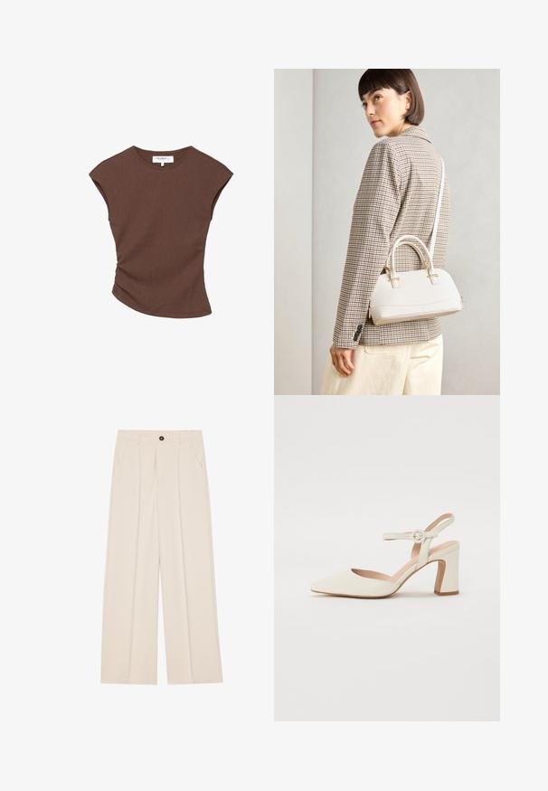 Bruine geribbelde t-shirt met korte mouwen en een licht gebogen zoom. Zachte textuur en een relaxte pasvorm, met een ronde halslijn en minimale naden.; Hoge taille, wijde pijpen broek van crèmekleurige stof, met twee zijzakken, een enkele knoop aan de voorkant en geplooide details aan de voorkant.; Puntige crèmekleurige pump met een blokhak. Voorzien van een dunne enkelband met een ronde gesp en een soepele leren textuur.; Witte gestructureerde handtas met korte handvatten en een schouderband, voorzien van gouden hardwareaccenten en een textuurmateriaal, tentoongesteld tegen een grijze achtergrond.