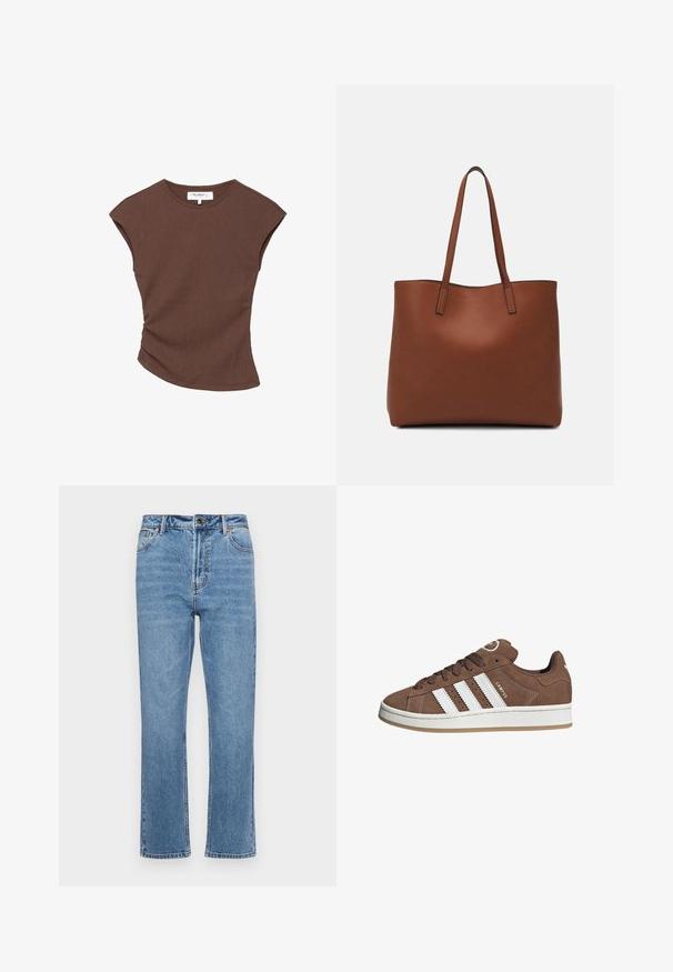 Ruskea ribbipintainen lyhythihainen paita, jossa on hieman kaareva helma. Pehmeä rakenne ja rento istuvuus, jossa on pyöreä pääntie ja vähäiset saumat.; Vaaleansiniset farkut suoranlahkeisella leikkauksella, viiden taskun muotoilu, etupainonapp closure ja hienovarainen haalistuminen kankaassa.; Valkoiset nahkareunat ja ruskeat samettikankaiset tennarit, joissa on kumipohja, pyöreä kärki ja nauhakiinnitys edessä. Kengissä on logo kielekkeessä ja rei'itettyjä yksityiskohtia.; Ruskea nahkainen olkalaukku, jossa on sileä pinta, avoin yläosa ja kaksi olkahihnaa. Omaavat vain minimaalisen ompelun eikä näkyvää metalliosaa.