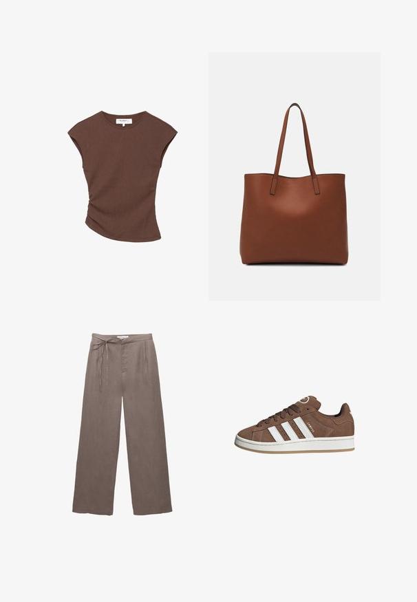 Hnedý rebrovaný top s krátkym rukávom a mierne zakriveným lemom. Mäkkučký materiál a voľný strih, s okrúhlym výstrihom a minimálnymi švami.; Hnedé ľanové nohavice s širokými nohavicami a sťahovacím pásom, ktoré majú dve bočné vrecká a mäkkú štruktúru. Jednoduchý a nezdobený dizajn.; Hnedé semišové tenisky s bielymi koženými pruhmi, gumovou podrážkou, okrúhlou špičkou a šnurovaním. Obsahujú logo na jazyku a perforované akcenty.; Hnedá kožená taška na rameno s hladkou textúrou, otvoreným vrchom a dvoma ramenými popruhmi. Má minimálne šitia a žiadne viditeľné kovania.