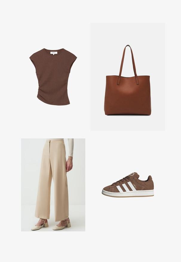 Brązowa krótką rękawą bluzka z prążkowanej tkaniny, z lekko zakrzywionym dołem. Miękka tekstura i luźny krój, z okrągłym dekoltem i minimalną ilością szwów.; Beżowe spodnie o szerokich nogawkach, wykonane z gładkiego materiału, z wysokim stanem, zakładkami i starannym wykończeniem. W komplecie z beżowymi butami na obcasach.; Brązowe zamszowe sneakersy z białymi skórzanymi paskami, gumową podeszwą, zaokrąglonym noskiem i sznurowanym przodem. Posiadają logo na języku i perforowane akcenty.; Brązowa skórzana torba tote o gładkiej fakturze, z otwartym wierzchem i dwoma ramiączkami. Charakteryzuje się minimalnym przeszyciem i brakiem widocznych elementów metalowych.