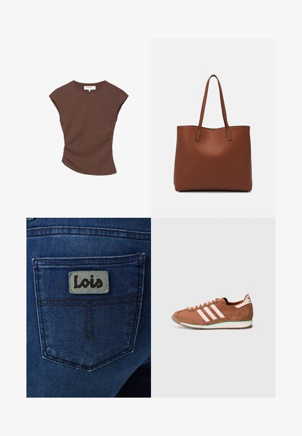 Rjava rebrasta kratka majica s nekoliko ukrivljenim robom. Mehka tekstura in sproščen fit, z okroglo izreznico in minimalnimi šivi.; Temno modre kavbojke iz jeansa z zadnjim žepom, na katerem je svetlo modra kvadratna nalepka z napisom "Lois" v črnem pisavnem slogu.; Rjava in roza Adidas superga z semišastimi detajli, tremi roza črtami na strani in belim podplatom z zelenim poudarkom.; Rjava usnjena torba z gladko teksturo, odprto zasnovo zgoraj in dvema naramnima trakovoma. Opremljena je z minimalnim šivanjem in brez vidnih kovinskih delov.