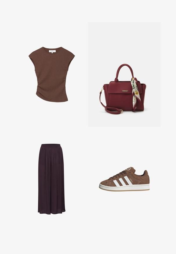 Braun geripptes kurzärmliges Oberteil mit leicht geschwungenem Saum. Weiche Textur und lässige Passform, mit rundem Halsausschnitt und minimalen Nähten.; Weite Hosen aus leichtem, dunkelviolettem Stoff. Mit einem elastischen Bund und einem fließenden Design mit glatter Textur.; Braune Wildledersneaker mit weißen Lederstreifen, Gummisohle, gerundetem Zehenbereich und Schnürung. Mit einem Logo auf der Zunge und perforierten Akzenten.; Burgunderfarbene Handtasche aus synthetischem Material mit strukturiertem Design, ausgestattet mit einem abnehmbaren Trageriemen und einem blumenmusternden Schal, der am Griff gebunden ist.
