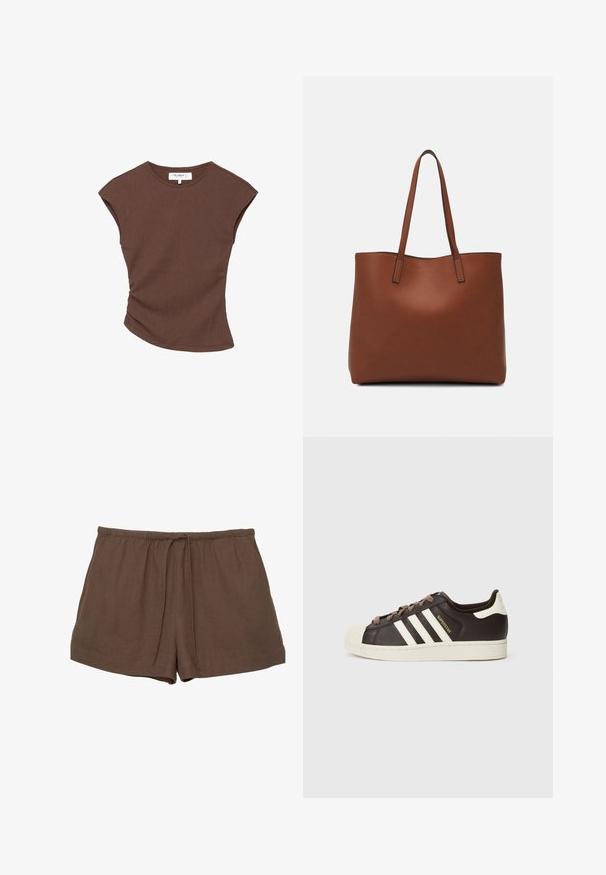 Top corto a maniche corte marrone a coste con orlo leggermente curvato. Texture morbida e vestibilità rilassata, presenta un collo rotondo e cuciture minime.; Pantaloni corti in lino marroni con cintura elastica e cordoncino, caratterizzati da un design semplice e una trama liscia. Senza tasche visibili.; Sneaker Adidas Superstar low-top in pelle marrone scuro con punta a conchiglia crema, strisce bianche e scritta "Superstar" sul lato.; Borsa tote in pelle marrone con texture liscia, design con apertura superiore e due spallacci. Presenta cuciture minime e nessun hardware visibile.