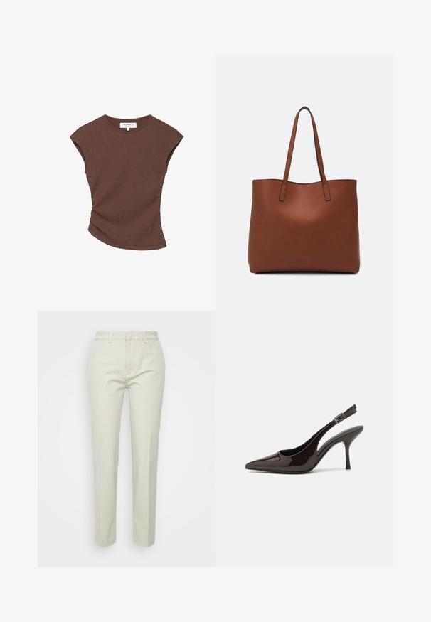 Top corto a maniche corte marrone a coste con orlo leggermente curvato. Texture morbida e vestibilità rilassata, presenta un collo rotondo e cuciture minime.; Pantaloni dritti beige chiaro in cotone, con vita piatta, passanti per cintura e senza tasche o motivi visibili.; Scarpa con tacco alto tipo slingback in pelle verniciata marrone scuro lucido, punta affusolata, lati aperti e cinturino alla caviglia regolabile.; Borsa tote in pelle marrone con texture liscia, design con apertura superiore e due spallacci. Presenta cuciture minime e nessun hardware visibile.