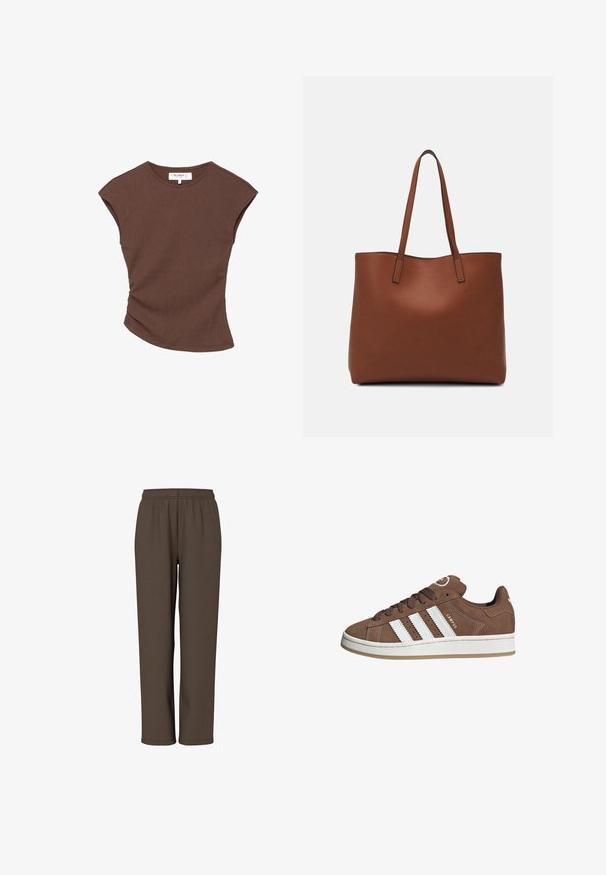 Brun ribbet kortærmet top med en let buet kant. Blød tekstur og afslappet pasform, med rund halsudskæring og minimale sømme.; Brune, elastiske bukser med blød stof, der har design med lige ben og uden synlige lommer eller detaljer.; Brune ruskinds sneakers med hvide læderstriber, gummisål, rund tå og snørebåndsfront. Har et logo på tungen og perforerede detaljer.; Brun læder tote taske med en glat overflade, åben topdesign og to skulderremme. Har minimal syning og ingen synlig hardware.