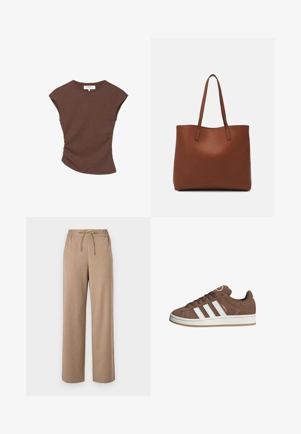 Smeđi rebrasti top kratkih rukava s lagano zakrivljenim rubom. Mekana tekstura i opušteni kroj, s okruglim izrezom i minimalnim šavovima.; Bež široke hlače izrađene od teksturirane tkanine, s elastičnim pojasom i detaljem vezanja, ukrašene suptilnim vertikalnim prugama.; Smeđe nubuk tenisice s bijelim kožnim prugama, gumeni potplat, okrugli nos i vezanje sprijeda. Imaju logo na jeziku i perforirane detalje.; Smeđa kožna torba preko ramena s glatkom teksturom, otvorenim vrhom i dvjema naramenicama. Ima minimalne šavove i nema vidljivog hardvera.
