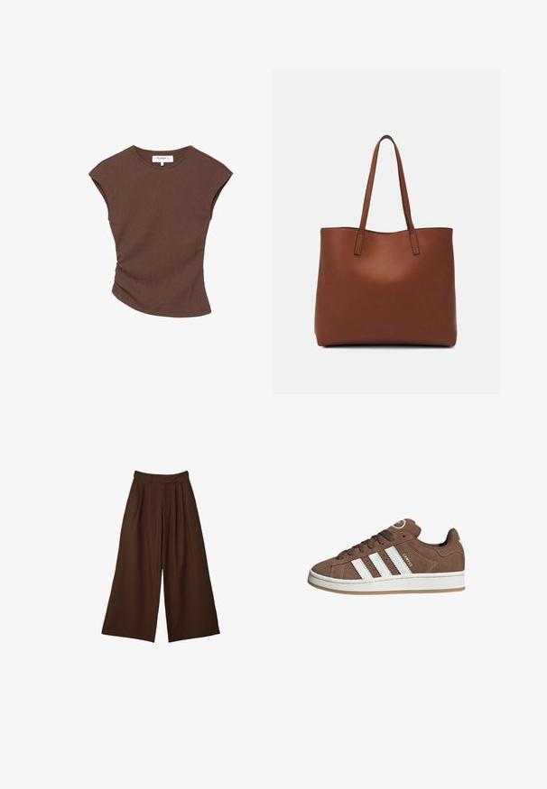 Brun ribbet kortærmet top med en let buet kant. Blød tekstur og afslappet pasform, med rund halsudskæring og minimale sømme.; Bredbenede brune bukser med folder, sidelommer og høj talje med bæltestropper, præsenteret mod en hvid baggrund.; Brune ruskinds sneakers med hvide læderstriber, gummisål, rund tå og snørebåndsfront. Har et logo på tungen og perforerede detaljer.; Brun læder tote taske med en glat overflade, åben topdesign og to skulderremme. Har minimal syning og ingen synlig hardware.
