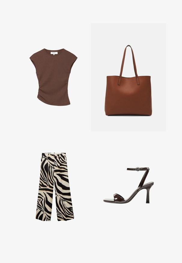 Brown ribbed short-sleeve top with a slightly curved hemline. Soft texture and relaxed fit, featuring a round neckline and minimal seams.; Black and white zebra print wide-leg trousers with pleats, featuring a smooth texture and a high waist for comfort.; Brown patent leather high-heeled sandal with an ankle strap, open toe, and a sleek, minimalist design. Features a square heel.; Brown leather tote bag with a smooth texture, open top design, and two shoulder straps. Features minimal stitching and no visible hardware.
