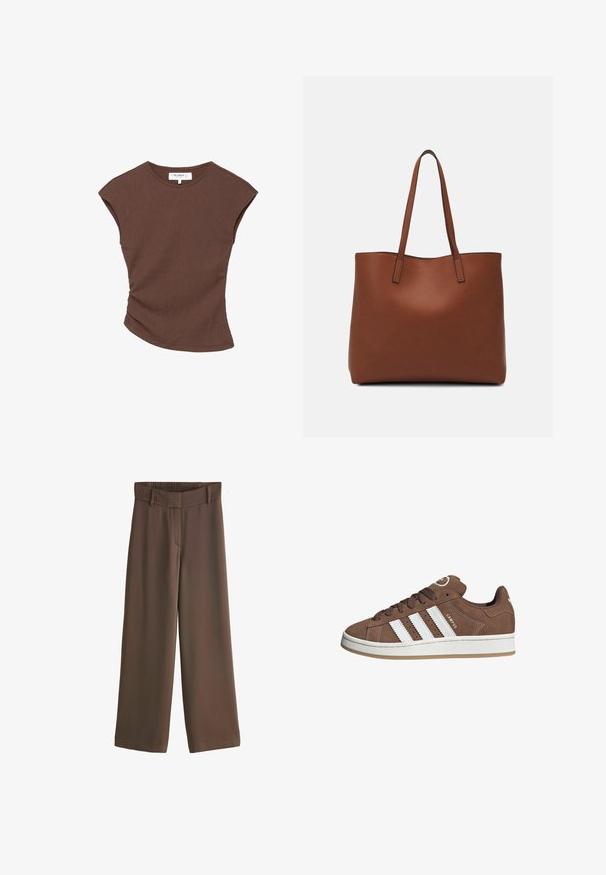 Ruskea ribbipintainen lyhythihainen paita, jossa on hieman kaareva helma. Pehmeä rakenne ja rento istuvuus, jossa on pyöreä pääntie ja vähäiset saumat.; Ruske leve hlače širokega kroja iz gladkega materiala, ki imajo visok elastičen pas in natančen sprednji šiv za strukturiran videz.; Valkoiset nahkareunat ja ruskeat samettikankaiset tennarit, joissa on kumipohja, pyöreä kärki ja nauhakiinnitys edessä. Kengissä on logo kielekkeessä ja rei'itettyjä yksityiskohtia.; Ruskea nahkainen olkalaukku, jossa on sileä pinta, avoin yläosa ja kaksi olkahihnaa. Omaavat vain minimaalisen ompelun eikä näkyvää metalliosaa.