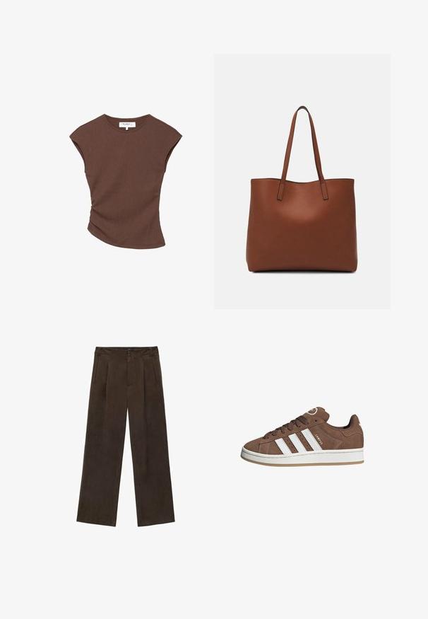 Braun geripptes kurzärmliges Oberteil mit leicht geschwungenem Saum. Weiche Textur und lässige Passform, mit rundem Halsausschnitt und minimalen Nähten.; Braune weite Hosen aus weichem Stoff, mit einem knopfgeschlossenen Bund, vorderen Falten und seitlichen Taschen. Glatte Textur und strukturierte Form.; Braune Wildledersneaker mit weißen Lederstreifen, Gummisohle, gerundetem Zehenbereich und Schnürung. Mit einem Logo auf der Zunge und perforierten Akzenten.; Braune Leder-Tote mit glatter Textur, offenem Oberteil und zwei Schulterriemen. Verfügt über minimale Nähte und keine sichtbaren Beschläge.
