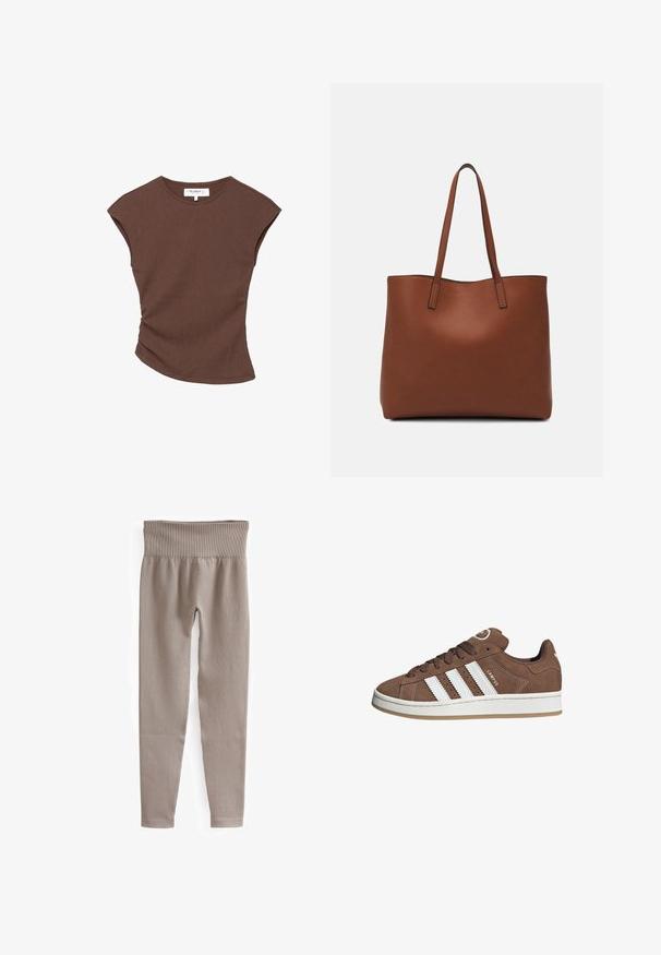 Bruine geribbelde t-shirt met korte mouwen en een licht gebogen zoom. Zachte textuur en een relaxte pasvorm, met een ronde halslijn en minimale naden.; Beige geribbelde legging met een brede tailleband, taps toelopende benen en een gladde textuur, ontworpen voor comfort en flexibiliteit.; Bruine suède sneaker met witte leren strepen, rubberen zool, ronde neus en vetersluiting. Kenmerkt zich door een logo op de tong en geperforeerde accenten.; Bruine leren tote bag met een gladde textuur, een ontwerp met een open bovenkant en twee schouderbanden. Kenmerkt zich door minimale stiksels en geen zichtbare hardware.
