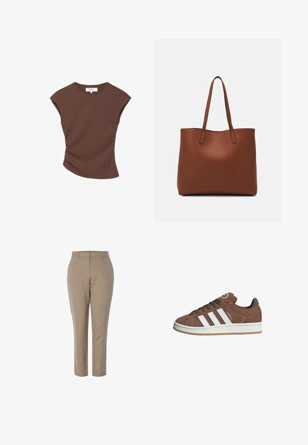 Bruine geribbelde t-shirt met korte mouwen en een licht gebogen zoom. Zachte textuur en een relaxte pasvorm, met een ronde halslijn en minimale naden.; Beige op maat gemaakte broeken met een gestructureerde afwerking, rechte pijpen en een middelhoge tailleband. Geen zichtbare zakken of versieringen.; Bruine suède sneaker met witte leren strepen, rubberen zool, ronde neus en vetersluiting. Kenmerkt zich door een logo op de tong en geperforeerde accenten.; Bruine leren tote bag met een gladde textuur, een ontwerp met een open bovenkant en twee schouderbanden. Kenmerkt zich door minimale stiksels en geen zichtbare hardware.