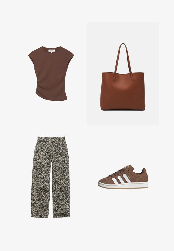 Brown ribbed short-sleeve top with a slightly curved hemline. Soft texture and relaxed fit, featuring a round neckline and minimal seams.; Leopard print wide-leg trousers in a neutral beige and black color scheme. Features a high waist, five pockets, and button closure.; Brown suede sneakers with white leather stripes, rubber sole, rounded toe, and lace-up front. Features a logo on the tongue and perforated accents.; Brown leather tote bag with a smooth texture, open top design, and two shoulder straps. Features minimal stitching and no visible hardware.