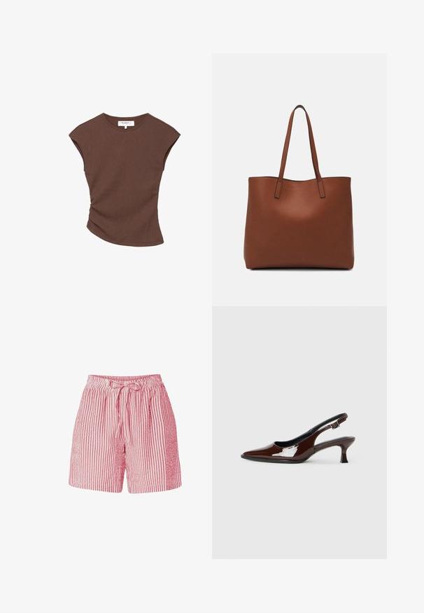 Top corto a maniche corte marrone a coste con orlo leggermente curvato. Texture morbida e vestibilità rilassata, presenta un collo rotondo e cuciture minime.; Pantaloni corti a strisce rosse e bianche realizzati in tessuto leggero, con vita regolabile tramite cordino e dettagli testurizzati sui lati.; Scarpa slingback in pelle verniciata marrone con punta affusolata e tacco moderato. Presenta una fascia con fibbia per una calzata sicura. Tessuto liscio.; Borsa tote in pelle marrone con texture liscia, design con apertura superiore e due spallacci. Presenta cuciture minime e nessun hardware visibile.