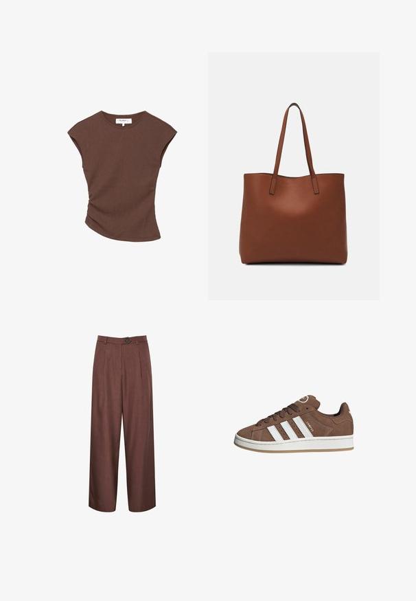 Ruskea ribbipintainen lyhythihainen paita, jossa on hieman kaareva helma. Pehmeä rakenne ja rento istuvuus, jossa on pyöreä pääntie ja vähäiset saumat.; Ruske leve hlače s širokimi nogami in krojem po meri, ki imajo gumbasto zapiranje, pliseje in gladko, teksturno tkanino.; Valkoiset nahkareunat ja ruskeat samettikankaiset tennarit, joissa on kumipohja, pyöreä kärki ja nauhakiinnitys edessä. Kengissä on logo kielekkeessä ja rei'itettyjä yksityiskohtia.; Ruskea nahkainen olkalaukku, jossa on sileä pinta, avoin yläosa ja kaksi olkahihnaa. Omaavat vain minimaalisen ompelun eikä näkyvää metalliosaa.