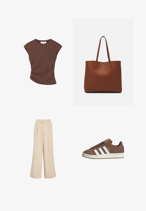 Bruine geribbelde t-shirt met korte mouwen en een licht gebogen zoom. Zachte textuur en een relaxte pasvorm, met een ronde halslijn en minimale naden.; Lichtbeige wijde broek gemaakt van textuurstof, met een hoge taille, plooien aan de voorkant en zijzakken voor extra functionaliteit.; Bruine suède sneaker met witte leren strepen, rubberen zool, ronde neus en vetersluiting. Kenmerkt zich door een logo op de tong en geperforeerde accenten.; Bruine leren tote bag met een gladde textuur, een ontwerp met een open bovenkant en twee schouderbanden. Kenmerkt zich door minimale stiksels en geen zichtbare hardware.
