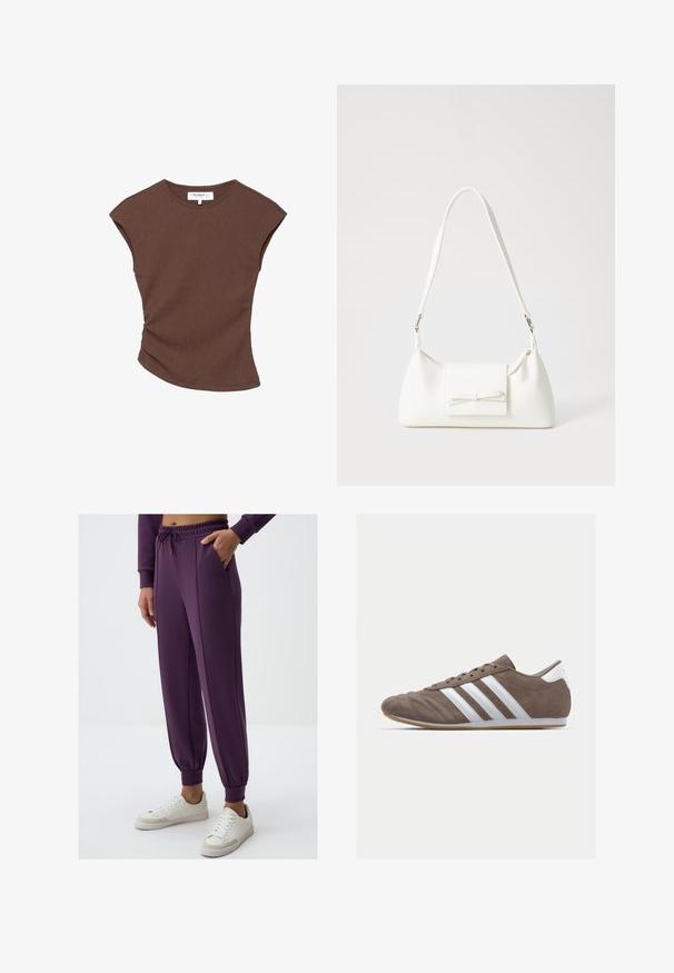 Braun geripptes kurzärmliges Oberteil mit leicht geschwungenem Saum. Weiche Textur und lässige Passform, mit rundem Halsausschnitt und minimalen Nähten.; Lila Jogginghose mit elastischem Bund und Bündchen, ausgestattet mit zwei Seitentaschen und einer glatten Textur. Kombiniert mit weißen Sneakers.; Braune Wildleder-Sportschuhe mit weißen Streifen, runder Zehenform, Schnürdesign und Gummisohle. Strukturiertes Obermaterial mit Nahtdetails.; Weiße synthetische Handtasche in dreieckiger Form, flache Vorderklappe und Schleifendetail, verstellbarer Trageriemen, glatte Textur und minimalistisches Design.