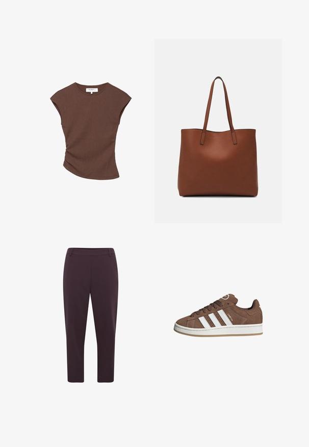 Haut court à manches courtes de couleur marron avec un ourlet légèrement arrondi. Texture douce et coupe décontractée, présentant un col rond et des coutures minimales.; Pantalon violet foncé avec une coupe droite, longueur raccourcie et tissu lisse. Il possède une taille plate et aucun système de fermeture visible.; Baskets en daim marron avec des bandes en cuir blanc, semelle en caoutchouc, bout arrondi et lacets. Comprend un logo sur la languette et des accents perforés.; Sac fourre-tout en cuir marron avec une texture lisse, design à ouverture supérieure et deux poignées pour le porter à l'épaule. Présente des coutures minimales et aucun matériel visible.