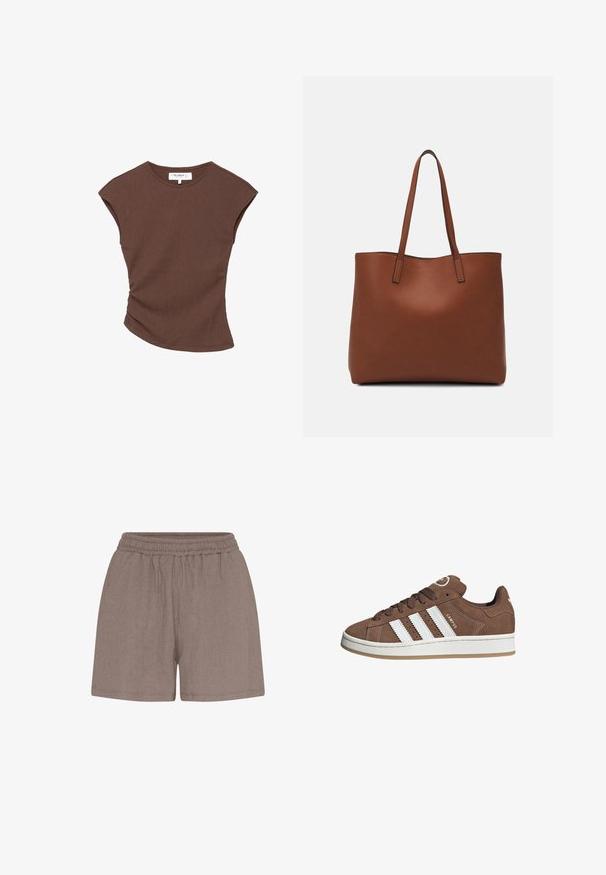 Brun ribbad kortärmad topp med en lätt rundad nederkant. Mjuk textur och avslappnad passform, med rund halsringning och minimala sömmar.; Bruna, texturerade shorts med resårmidja. Har en avslappnad passform och enkel konstruktion, lämpliga för vardagsbruk.; Bruna mockaskor med vita läderremsor, gummisula, rund tå och snörning framtill. Har en logotyp på tungan och perforerade detaljer.; Brun läder tote-väska med en slät textur, öppen toppdesign och två axelremmar. Har minimal söm och ingen synlig metalldetalj.