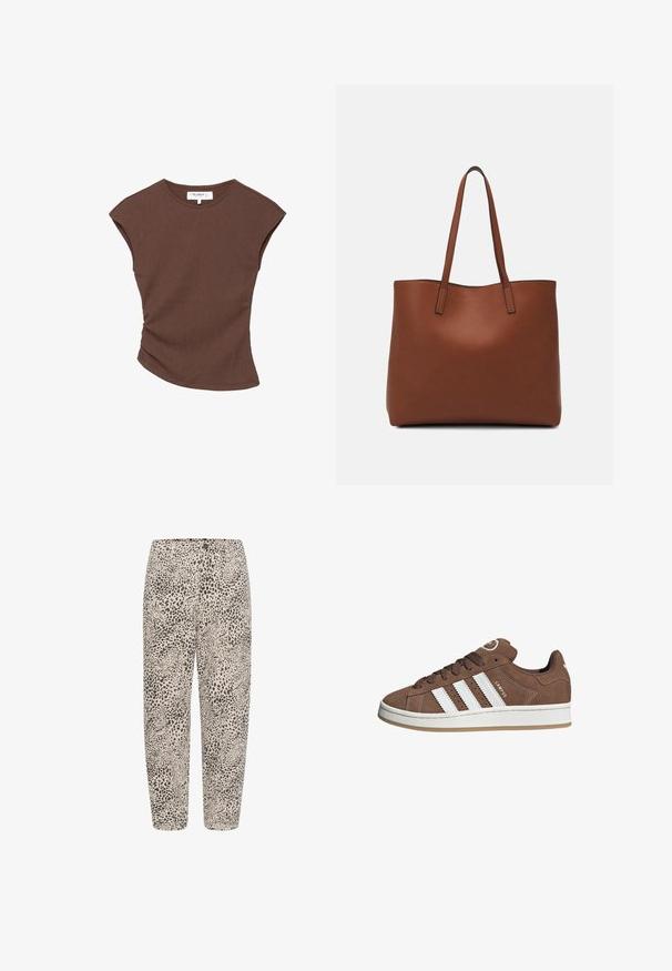 Bruine geribbelde t-shirt met korte mouwen en een licht gebogen zoom. Zachte textuur en een relaxte pasvorm, met een ronde halslijn en minimale naden.; Luipaardprint broeken met een beige achtergrond, voorzien van een elastische tailleband, rechte pijpen en een zachte stoftextuur.; Bruine suède sneaker met witte leren strepen, rubberen zool, ronde neus en vetersluiting. Kenmerkt zich door een logo op de tong en geperforeerde accenten.; Bruine leren tote bag met een gladde textuur, een ontwerp met een open bovenkant en twee schouderbanden. Kenmerkt zich door minimale stiksels en geen zichtbare hardware.