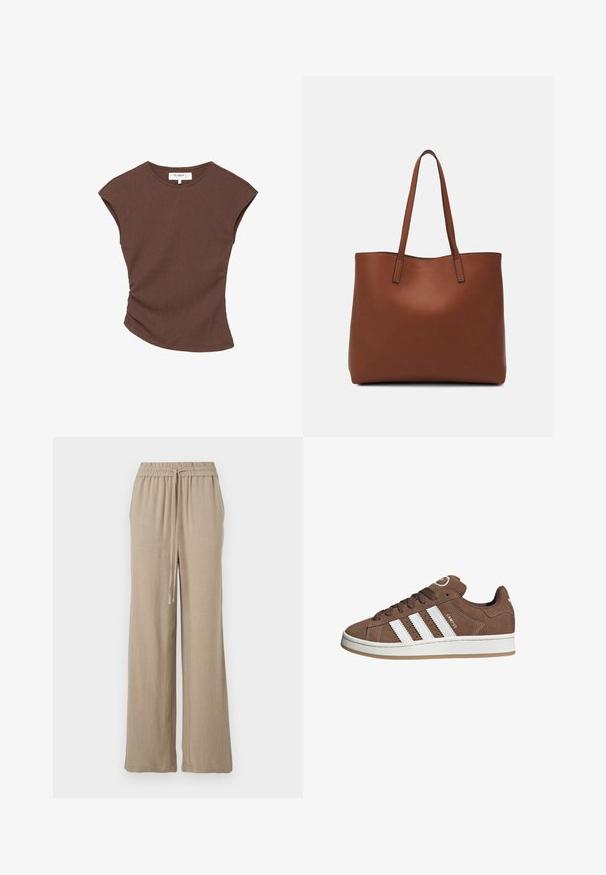 Ruskea ribbipintainen lyhythihainen paita, jossa on hieman kaareva helma. Pehmeä rakenne ja rento istuvuus, jossa on pyöreä pääntie ja vähäiset saumat.; Vaaleanbeiget leveät housut, jotka on valmistettu kevyestä kankaasta. Ominaisuuksiin kuuluu joustava vyötärö, jossa on naru ja sivutaskut. Silkkinen pinta.; Valkoiset nahkareunat ja ruskeat samettikankaiset tennarit, joissa on kumipohja, pyöreä kärki ja nauhakiinnitys edessä. Kengissä on logo kielekkeessä ja rei'itettyjä yksityiskohtia.; Ruskea nahkainen olkalaukku, jossa on sileä pinta, avoin yläosa ja kaksi olkahihnaa. Omaavat vain minimaalisen ompelun eikä näkyvää metalliosaa.