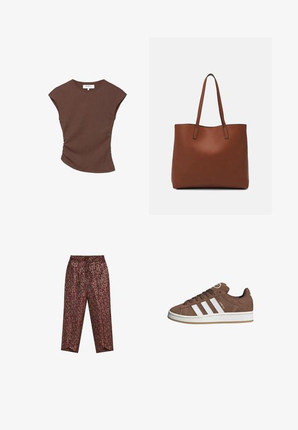 Bruine geribbelde t-shirt met korte mouwen en een licht gebogen zoom. Zachte textuur en een relaxte pasvorm, met een ronde halslijn en minimale naden.; Hoge taille taperende broek met een bordeauxrood en metallic gouden luipaardprint en geplooid voorontwerp.; Bruine suède sneaker met witte leren strepen, rubberen zool, ronde neus en vetersluiting. Kenmerkt zich door een logo op de tong en geperforeerde accenten.; Bruine leren tote bag met een gladde textuur, een ontwerp met een open bovenkant en twee schouderbanden. Kenmerkt zich door minimale stiksels en geen zichtbare hardware.
