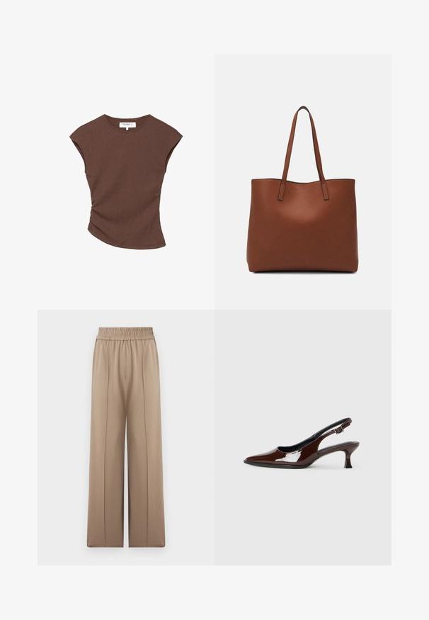 Hnedý rebrovaný top s krátkym rukávom a mierne zakriveným lemom. Mäkkučký materiál a voľný strih, s okrúhlym výstrihom a minimálnymi švami.; Béžové široké nohavice s elastickým pásom, vyrobené z mäkkej látky, s prednými skladmi pre väčšiu textúru a hladký vzhľad.; Hnedá lakovaná slingback obuv s špicatou špičkou a mierne vysokým opätkom. Obsahuje pracku pre bezpečné upevnenie. Hladká textúra.; Hnedá kožená taška na rameno s hladkou textúrou, otvoreným vrchom a dvoma ramenými popruhmi. Má minimálne šitia a žiadne viditeľné kovania.