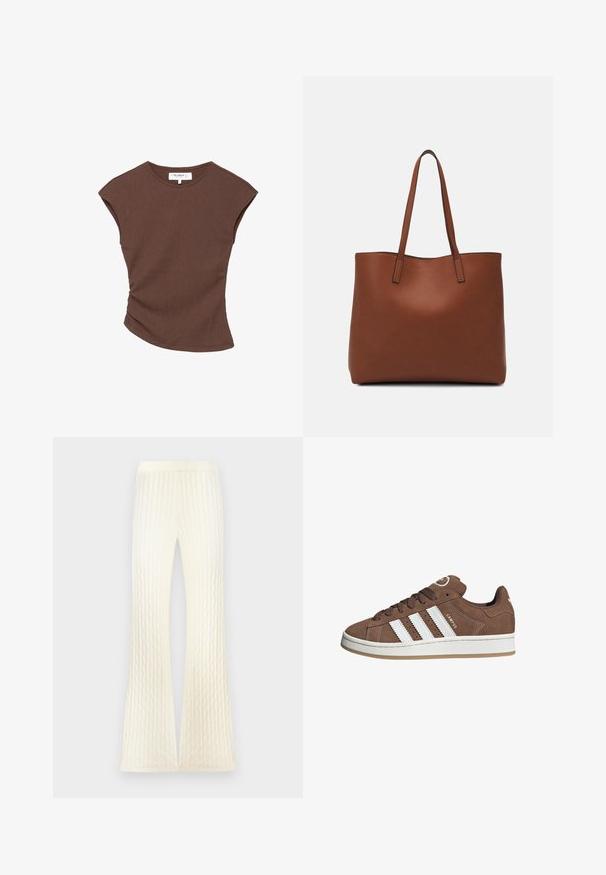 Hnedý rebrovaný top s krátkym rukávom a mierne zakriveným lemom. Mäkkučký materiál a voľný strih, s okrúhlym výstrihom a minimálnymi švami.; Pletene krémové nohavice s kabelovým vzorom, ktoré majú rozšírený strih nohavíc a predné rozparky pre moderný vzhľad. Mäkká, elastická tkanina.; Hnedé semišové tenisky s bielymi koženými pruhmi, gumovou podrážkou, okrúhlou špičkou a šnurovaním. Obsahujú logo na jazyku a perforované akcenty.; Hnedá kožená taška na rameno s hladkou textúrou, otvoreným vrchom a dvoma ramenými popruhmi. Má minimálne šitia a žiadne viditeľné kovania.
