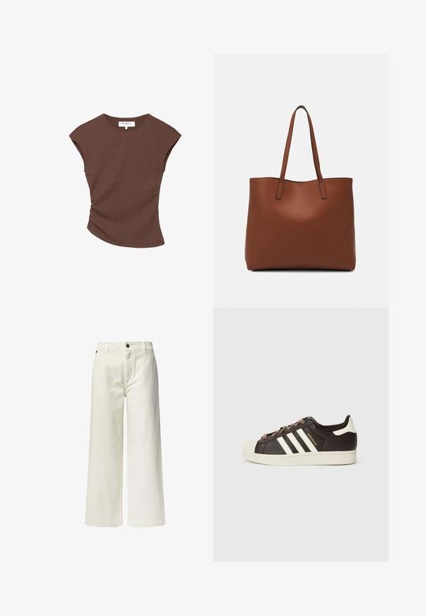 Smeđi rebrasti top kratkih rukava s lagano zakrivljenim rubom. Mekana tekstura i opušteni kroj, s okruglim izrezom i minimalnim šavovima.; Bijele široke hlače od pamuka s prednjim džepovima, zatvaranjem na dugme i čistim, neukrasnim dizajnom.; Niska Adidas Superstar tenisica od tamnobraon kože s krem školjkastim vrhom, bijelim prugama i natpisom "Superstar" sa strane.; Smeđa kožna torba preko ramena s glatkom teksturom, otvorenim vrhom i dvjema naramenicama. Ima minimalne šavove i nema vidljivog hardvera.