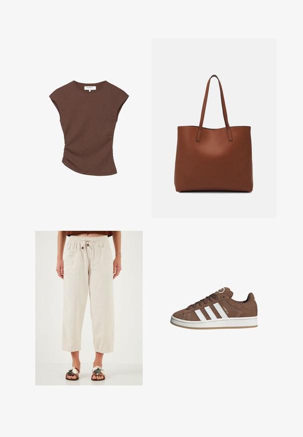Haut court à manches courtes de couleur marron avec un ourlet légèrement arrondi. Texture douce et coupe décontractée, présentant un col rond et des coutures minimales.; Pantalons larges beiges, légers, avec une taille élastique, un cordon de serrage et deux poches avant. Tissu texturé avec une coupe décontractée.; Baskets en daim marron avec des bandes en cuir blanc, semelle en caoutchouc, bout arrondi et lacets. Comprend un logo sur la languette et des accents perforés.; Sac fourre-tout en cuir marron avec une texture lisse, design à ouverture supérieure et deux poignées pour le porter à l'épaule. Présente des coutures minimales et aucun matériel visible.