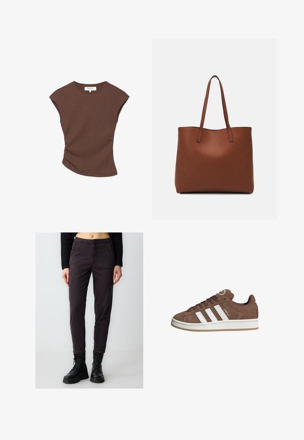 Braun geripptes kurzärmliges Oberteil mit leicht geschwungenem Saum. Weiche Textur und lässige Passform, mit rundem Halsausschnitt und minimalen Nähten.; Dunkelgraue, enganliegende Hose aus Baumwollmischung mit Knopfverschluss und Seitentaschen, kombiniert mit schwarzen Schnürschuhen.; Braune Wildledersneaker mit weißen Lederstreifen, Gummisohle, gerundetem Zehenbereich und Schnürung. Mit einem Logo auf der Zunge und perforierten Akzenten.; Braune Leder-Tote mit glatter Textur, offenem Oberteil und zwei Schulterriemen. Verfügt über minimale Nähte und keine sichtbaren Beschläge.