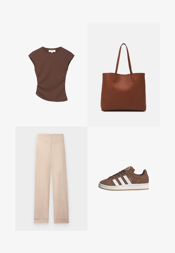 Brązowa krótką rękawą bluzka z prążkowanej tkaniny, z lekko zakrzywionym dołem. Miękka tekstura i luźny krój, z okrągłym dekoltem i minimalną ilością szwów.; Beżowe lniane spodnie o prostym kroju, z gładką fakturą i podwiniętymi mankietami. Brak widocznych kieszeni lub ozdób.; Brązowe zamszowe sneakersy z białymi skórzanymi paskami, gumową podeszwą, zaokrąglonym noskiem i sznurowanym przodem. Posiadają logo na języku i perforowane akcenty.; Brązowa skórzana torba tote o gładkiej fakturze, z otwartym wierzchem i dwoma ramiączkami. Charakteryzuje się minimalnym przeszyciem i brakiem widocznych elementów metalowych.