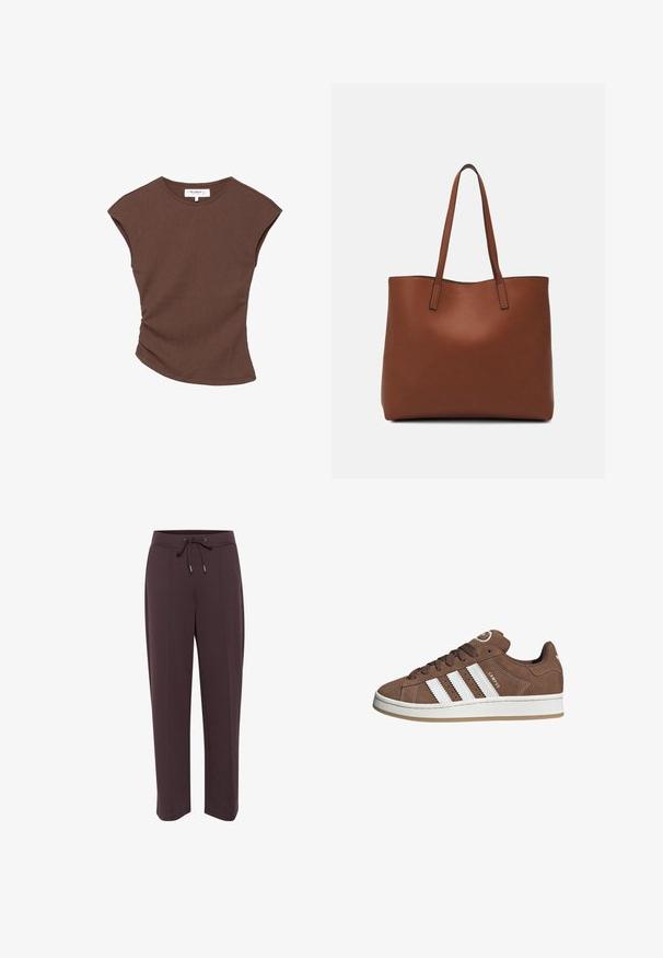 Smeđi rebrasti top kratkih rukava s lagano zakrivljenim rubom. Mekana tekstura i opušteni kroj, s okruglim izrezom i minimalnim šavovima.; Tamne smeđe trenirke s naboranom strukom, bočnim džepovima i opuštenim krojem. Mekani materijal s glatkom teksturom i pravim nogavicama.; Smeđe nubuk tenisice s bijelim kožnim prugama, gumeni potplat, okrugli nos i vezanje sprijeda. Imaju logo na jeziku i perforirane detalje.; Smeđa kožna torba preko ramena s glatkom teksturom, otvorenim vrhom i dvjema naramenicama. Ima minimalne šavove i nema vidljivog hardvera.