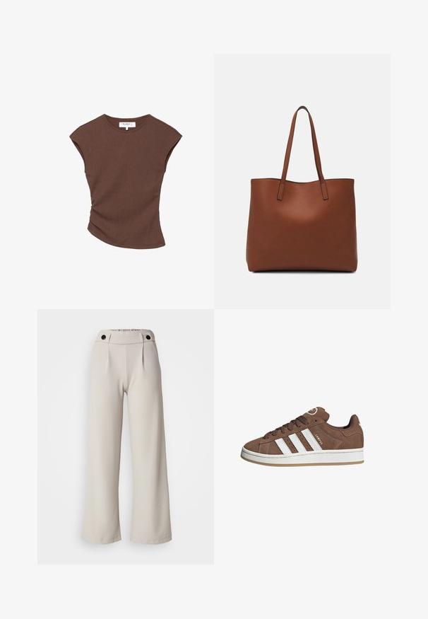 Ruskea ribbipintainen lyhythihainen paita, jossa on hieman kaareva helma. Pehmeä rakenne ja rento istuvuus, jossa on pyöreä pääntie ja vähäiset saumat.; Pleated leveled-leg pants made of light beige fabric with a smooth texture, featuring a gathered waist and two black buttons on the waistband.; Valkoiset nahkareunat ja ruskeat samettikankaiset tennarit, joissa on kumipohja, pyöreä kärki ja nauhakiinnitys edessä. Kengissä on logo kielekkeessä ja rei'itettyjä yksityiskohtia.; Ruskea nahkainen olkalaukku, jossa on sileä pinta, avoin yläosa ja kaksi olkahihnaa. Omaavat vain minimaalisen ompelun eikä näkyvää metalliosaa.